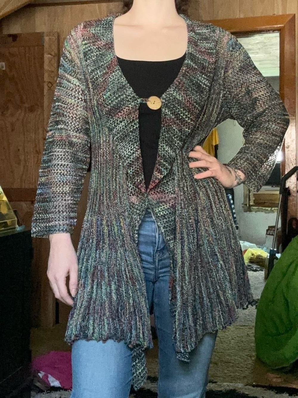 Kaktus Hippie Multicolor Knit 3/4 Sleeve Ruffled Artsy Long Cardigan Women’s XL